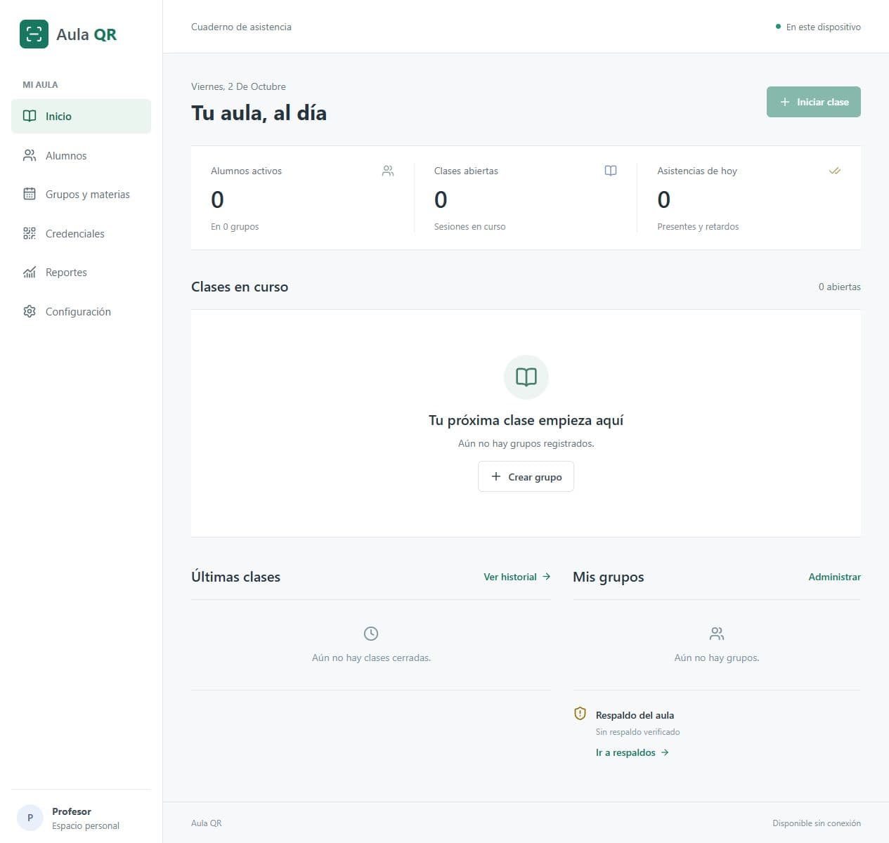 Interfaz de AulaQR para gestionar grupos y asistencia