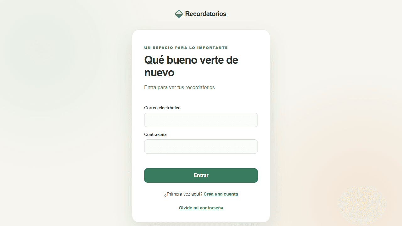 Página de acceso de la aplicación Recordatorios